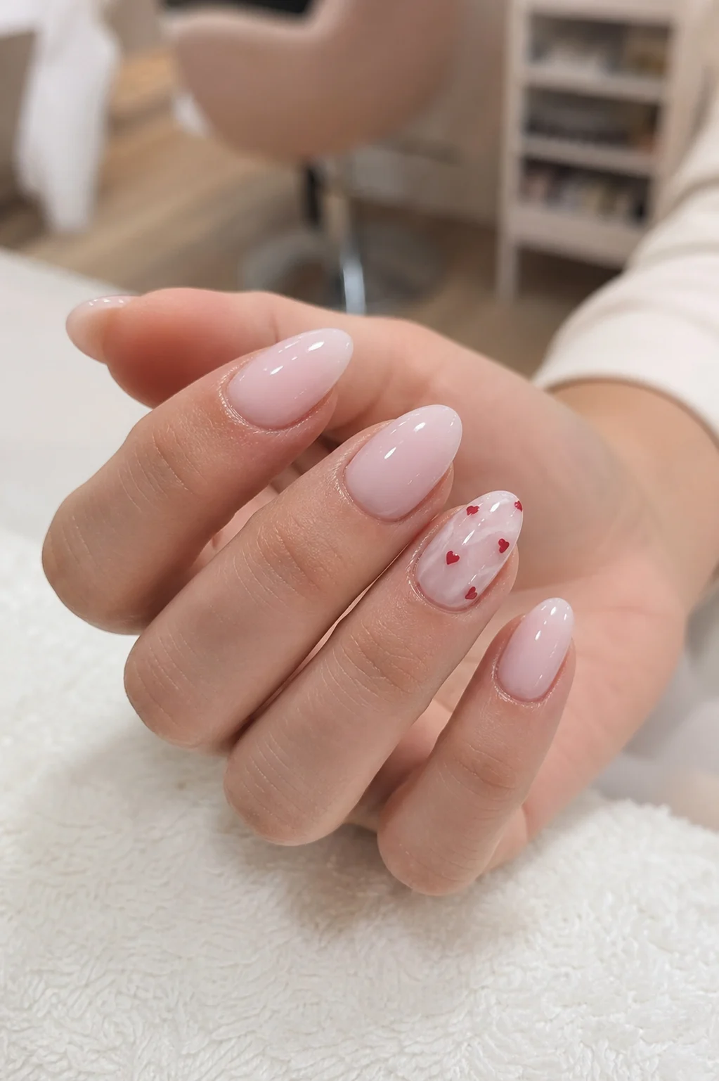 Manucure rose pale avec ongles gel et accent nail coeur en institut près de Poitiers